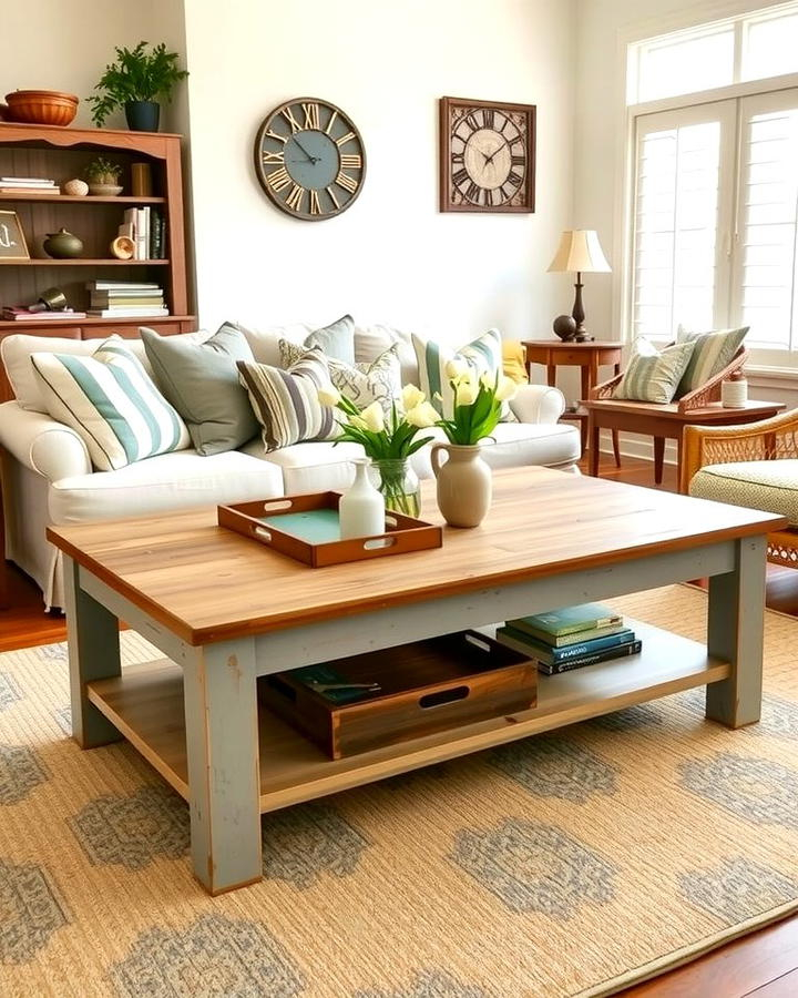 25 Farmhouse Living Room Ideas For A Rustic Charm in Choosing a Distressed Wood Coffee Table That Blends Style and Functionality