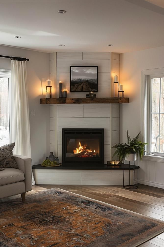 30 Cozy Corner Fireplace Ideas To Bring Warmth To Your Space | Corner ... throughout Transforming Your Living Room with a Corner Fireplace Design