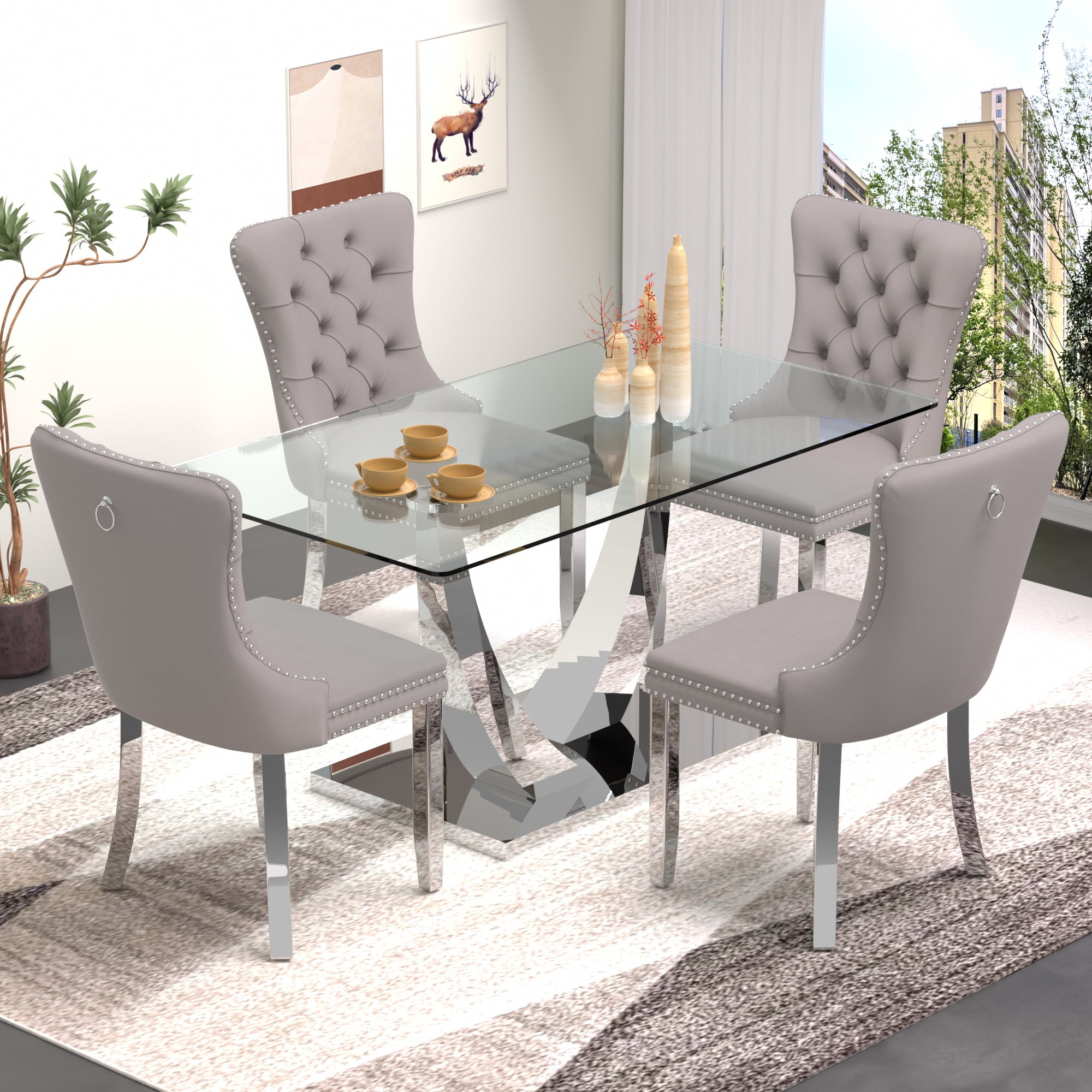 63&quot; Glass Dining Table Set For 4,Silver Dining Room Table Set For 4 ... in Caring for Your Silver Dining Room Table to Preserve Its Luster