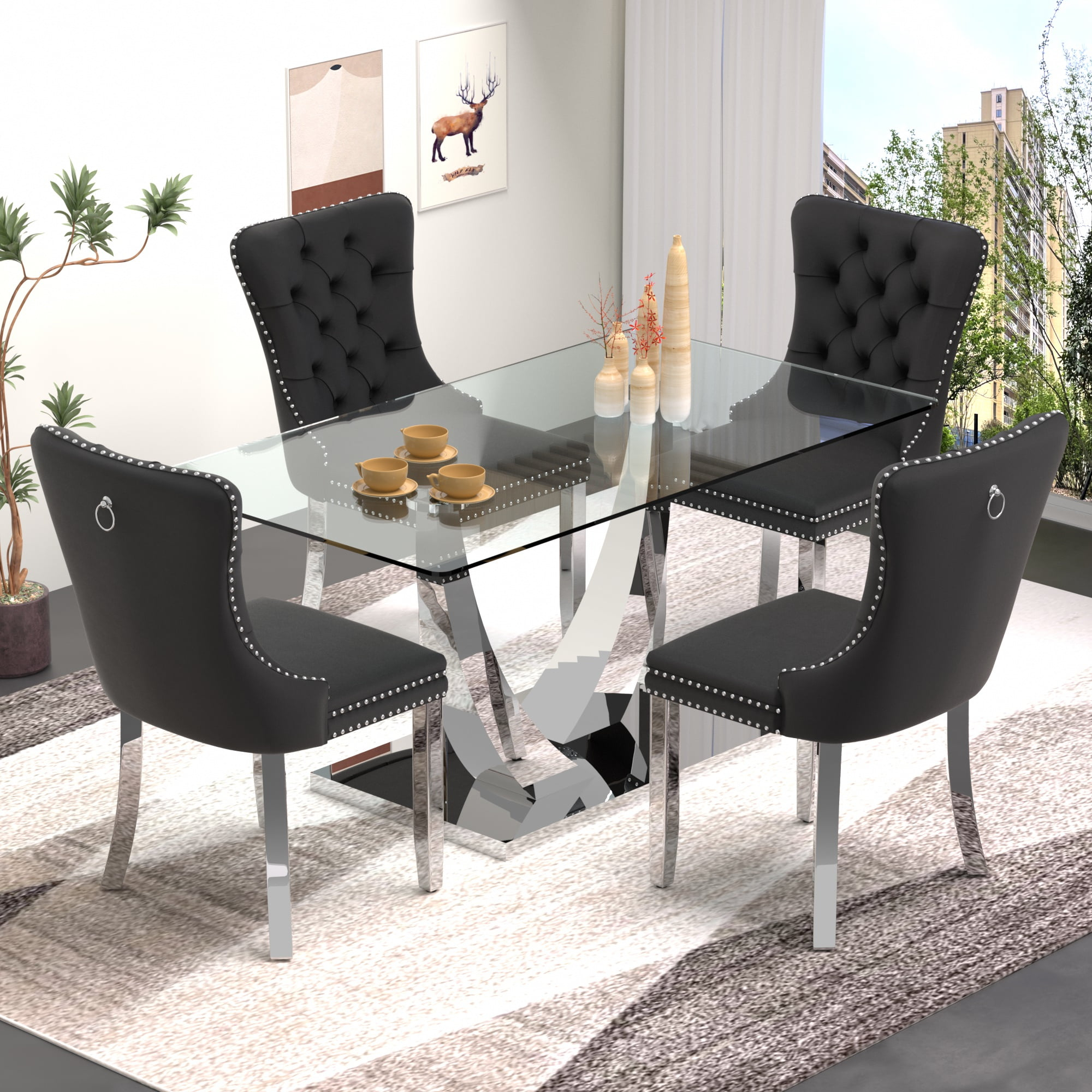 63&quot; Glass Dining Table Set For 4,Silver Dining Room Table Set For 4 ... pertaining to