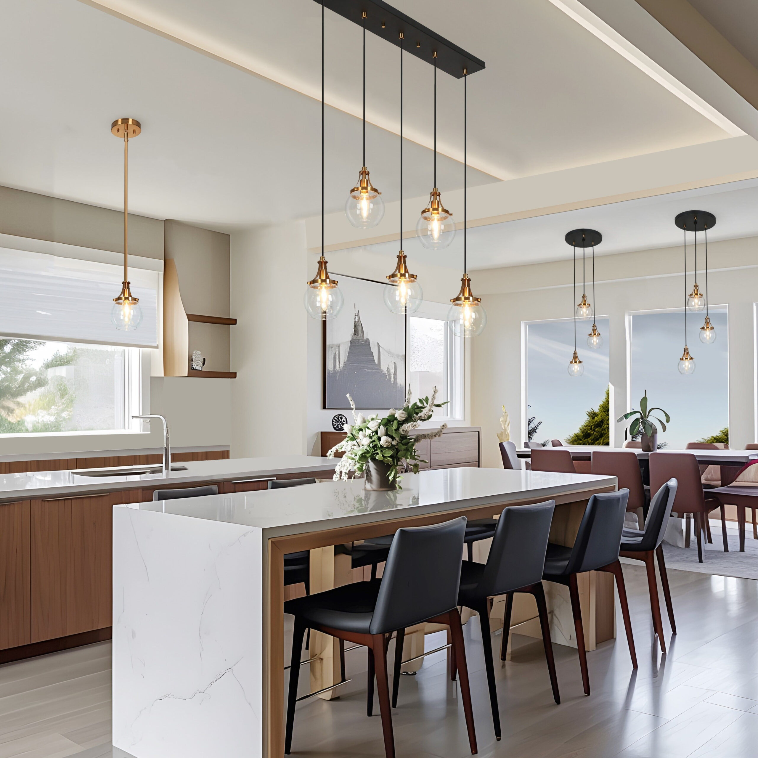 Beta Modern 3-Light Gold And Black Glass Cluster Pendant For Kitchen ... in