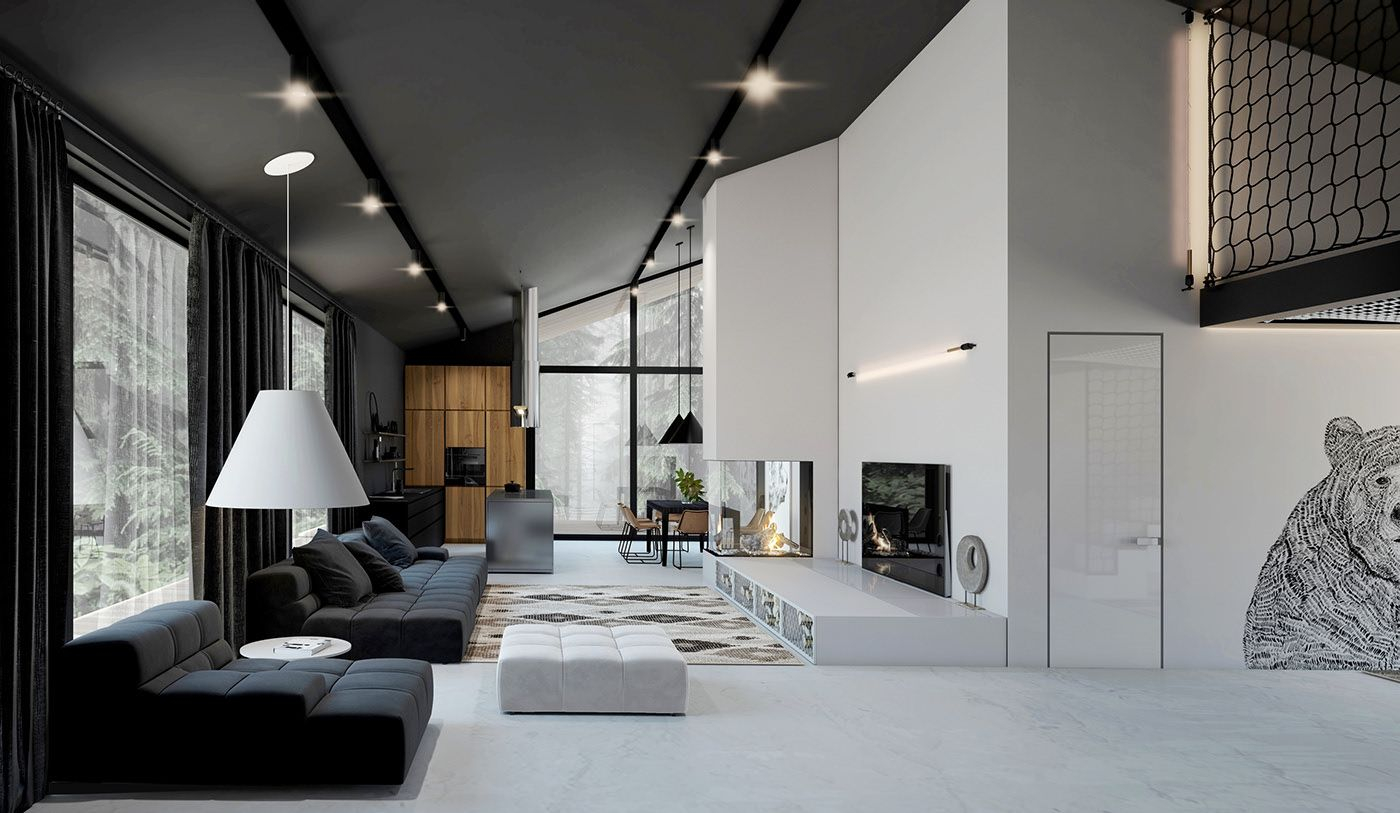Black &amp;Amp; White House On Behance In 2020 | Modern Living Room Interior ... within Discovering the Power of Black and White in Modern Interior Design