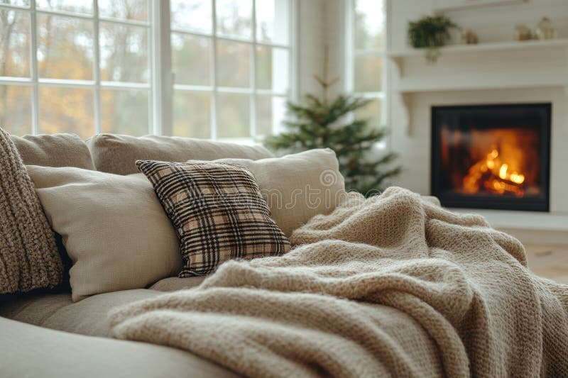 Cozy Beige Sofa With Plaid And Fur Cushion In Hygge Scandinavian Living ... with regard to