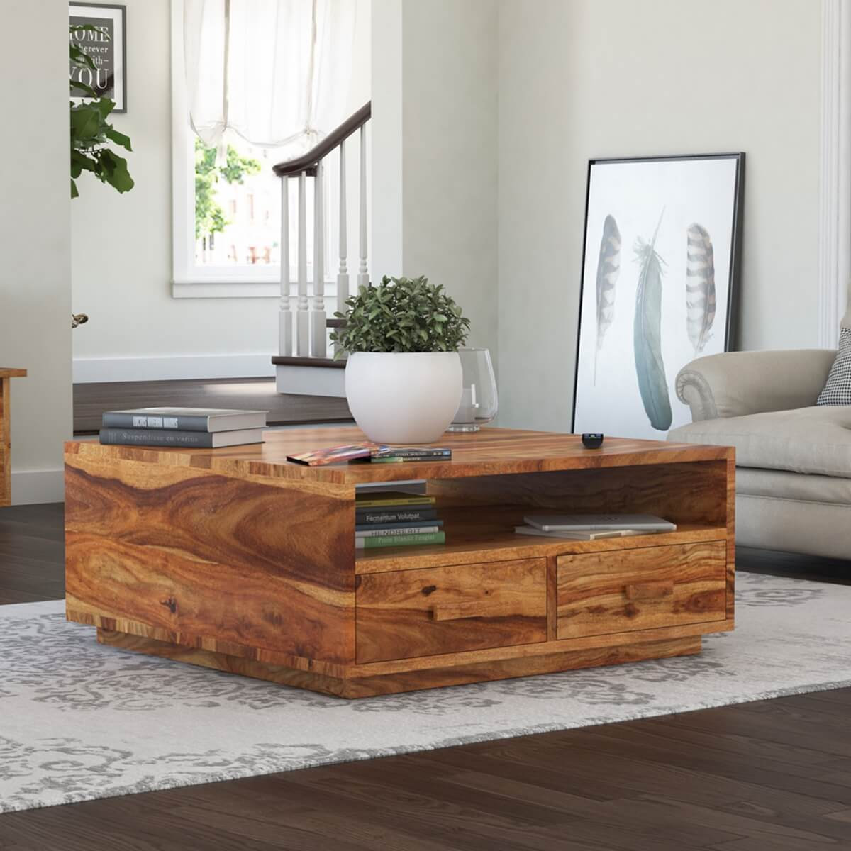 Delaware Rustic Solid Wood Square Coffee Table With 4 Drawers with regard to Solid Wood Coffee Table Drawers