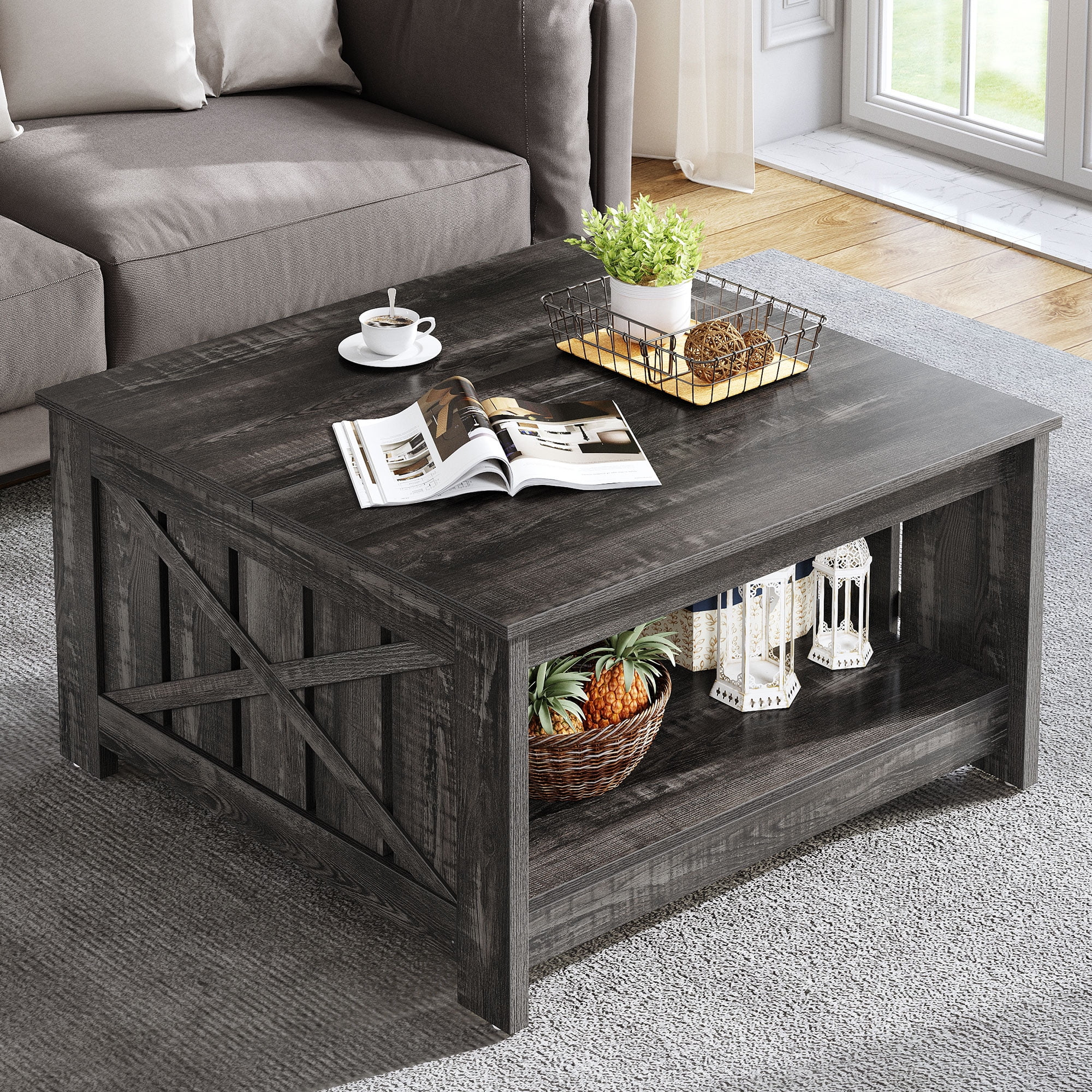 Dextrus Coffee Table With Storage, Square Wood Farmhouse Coffee Table ... intended for Choosing the Right Wood Coffee Table for Your Style and Needs