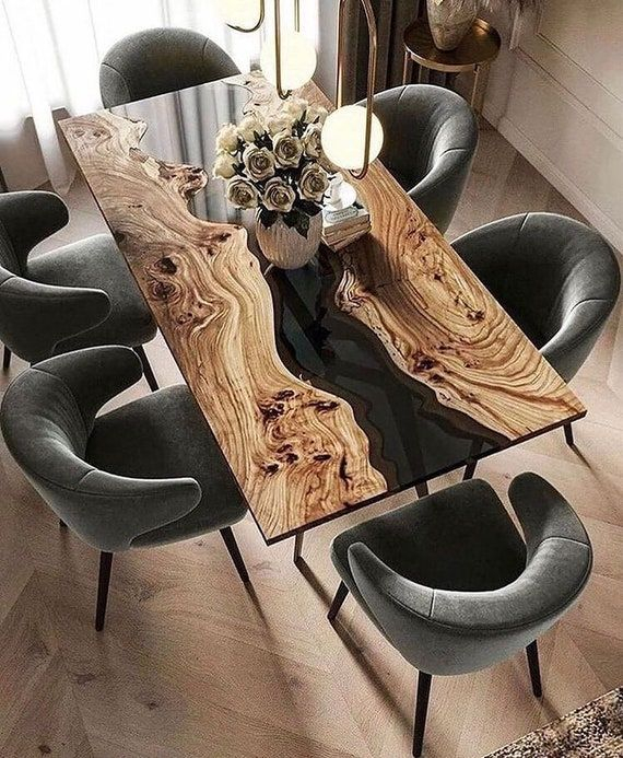Dining Room/Kitchen/Bar Table Wood Epoxy Resin River Unique Live Edge ... pertaining to