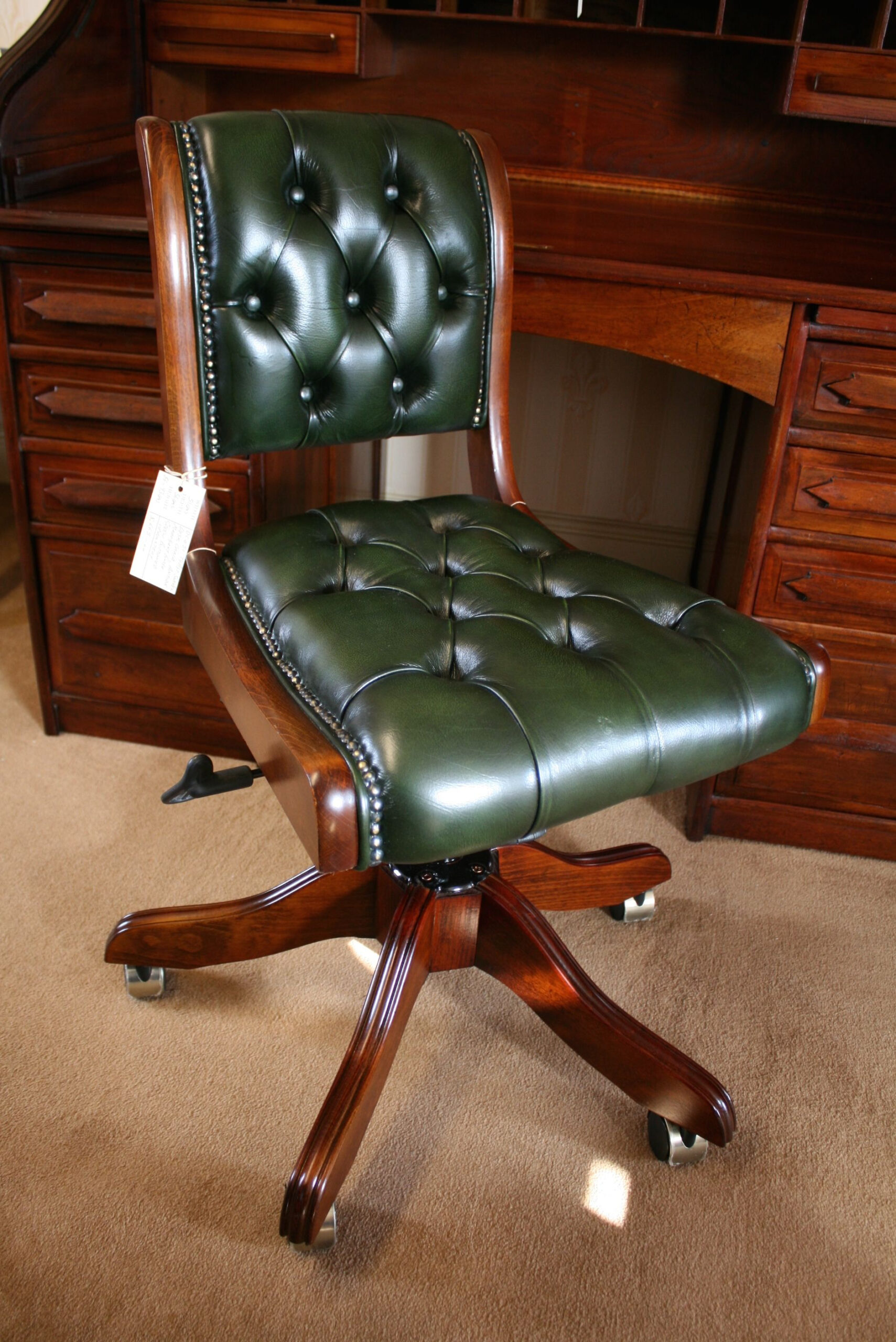 English Reproduction Furniture | Vintage Desk Chair, Green Leather ... in