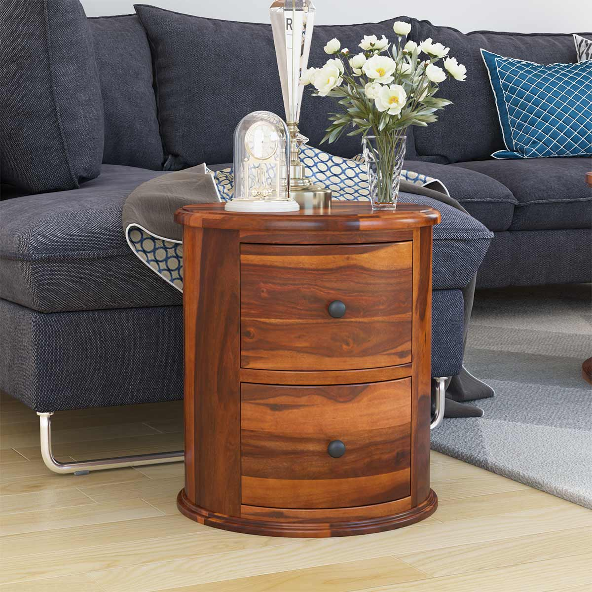 Friant Rustic Solid Wood 2 Drawer Round End Table regarding Wooden Side Tables For Living Room