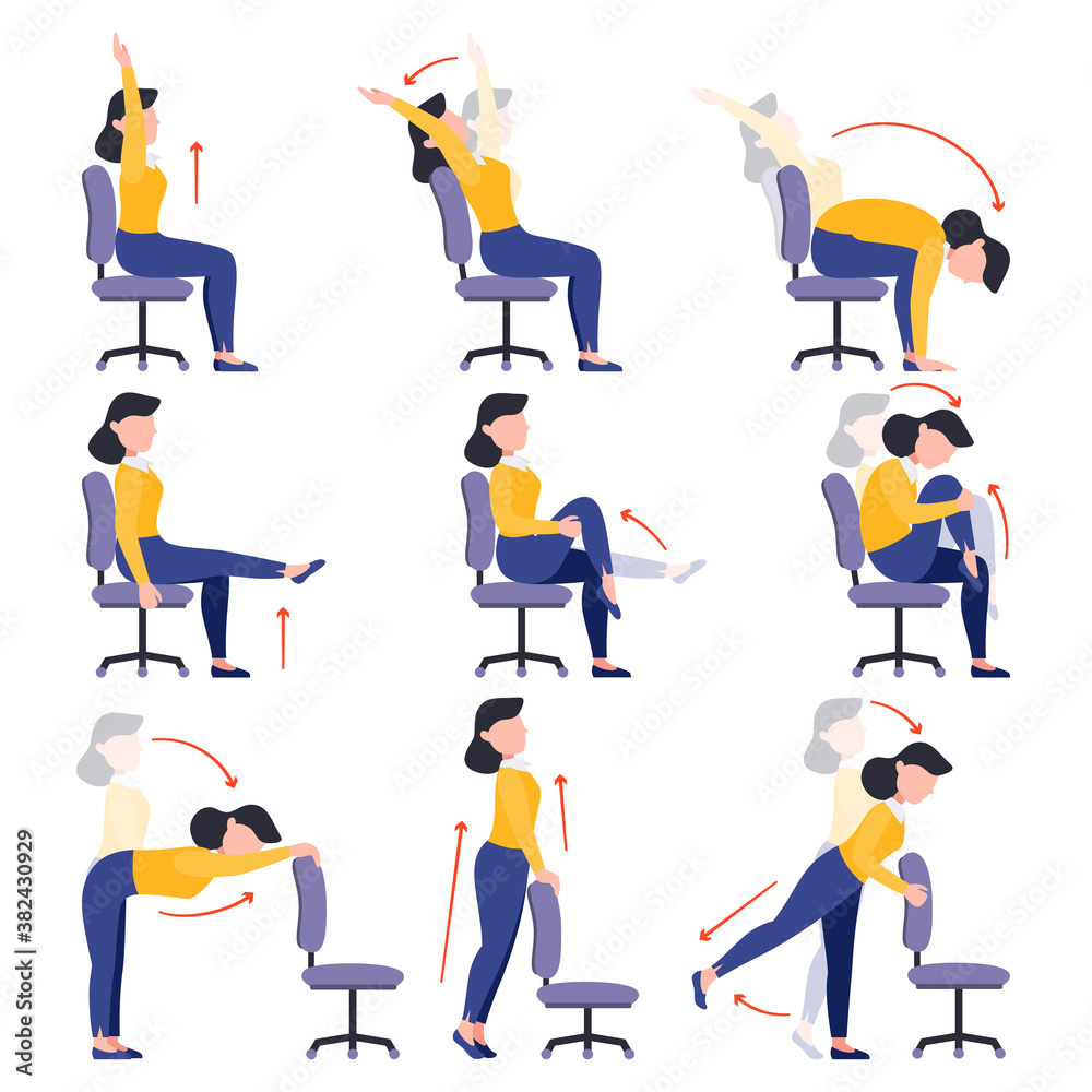 Instructions Girl Doing Exercises On An Office Chair. Set Of Women ... with