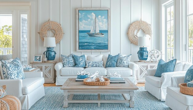 Interior Designer Putting Finishing Touches On Coastal Chic Living Room ... intended for Bringing the Outdoors In Brilliant Coastal Living Room Touches