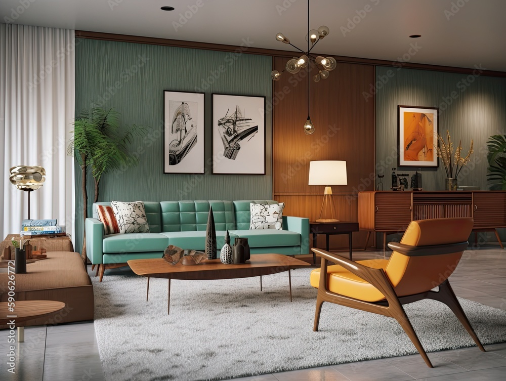 Interior Of Mid-Century Modern Inspired Living Room With Mint Blue Sofa ... for Mid Century Modern Interior Design Ideas
