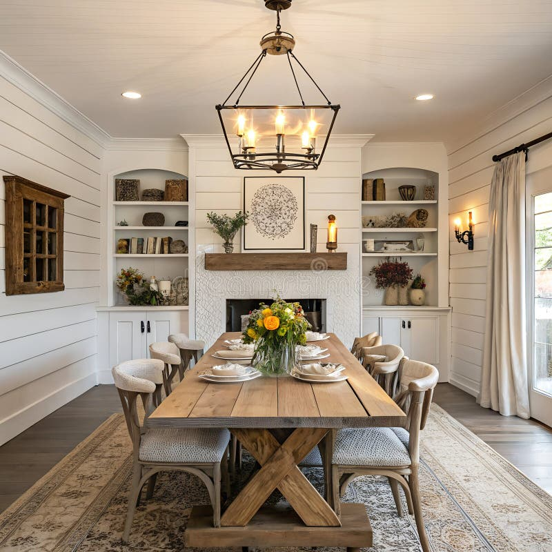 Inviting Rustic Farmhouse Dining Room With Wooden Table, Built-In ... regarding Creating Cozy Gatherings with Authentic Rustic Farmhouse Dining Sets