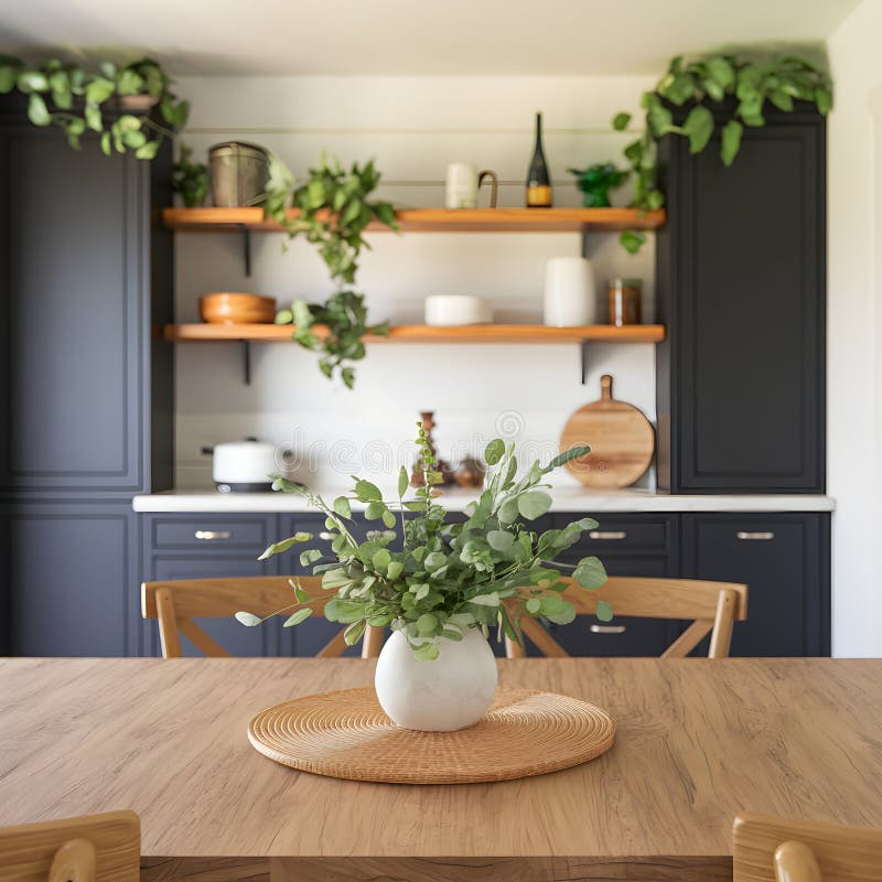 Kitchen With Wooden Table, Blue Cabinets, Greenery, Modern Countertop ... within From Task to Ambiance Mastering Modern Kitchen Table Lighting