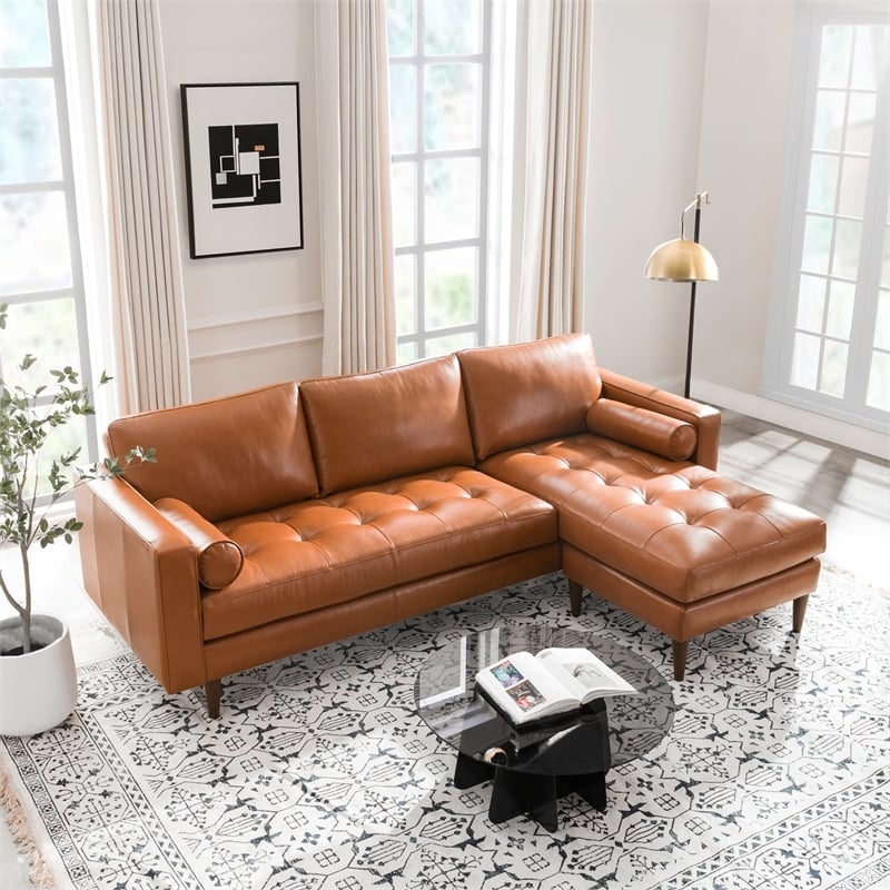 Mid Century Bickford Leather Reversible Sectional In Camel | Bush ... pertaining to Mastering the Mid-Century Look with a Camel Leather Sofa in Your Living Room