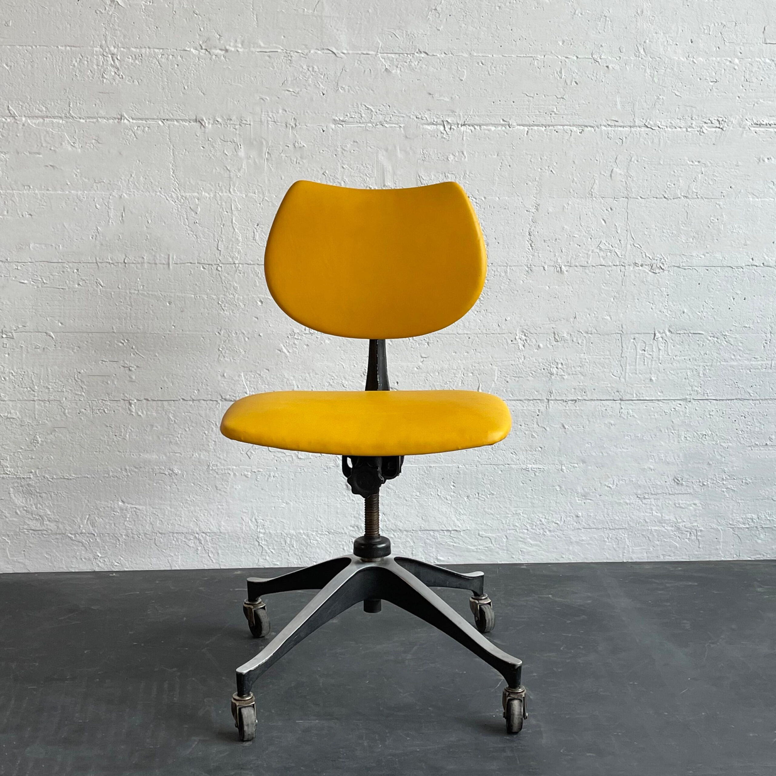 Mid-Century Modern Yellow Leather Steel Rolling Office Desk Chair For ... within
