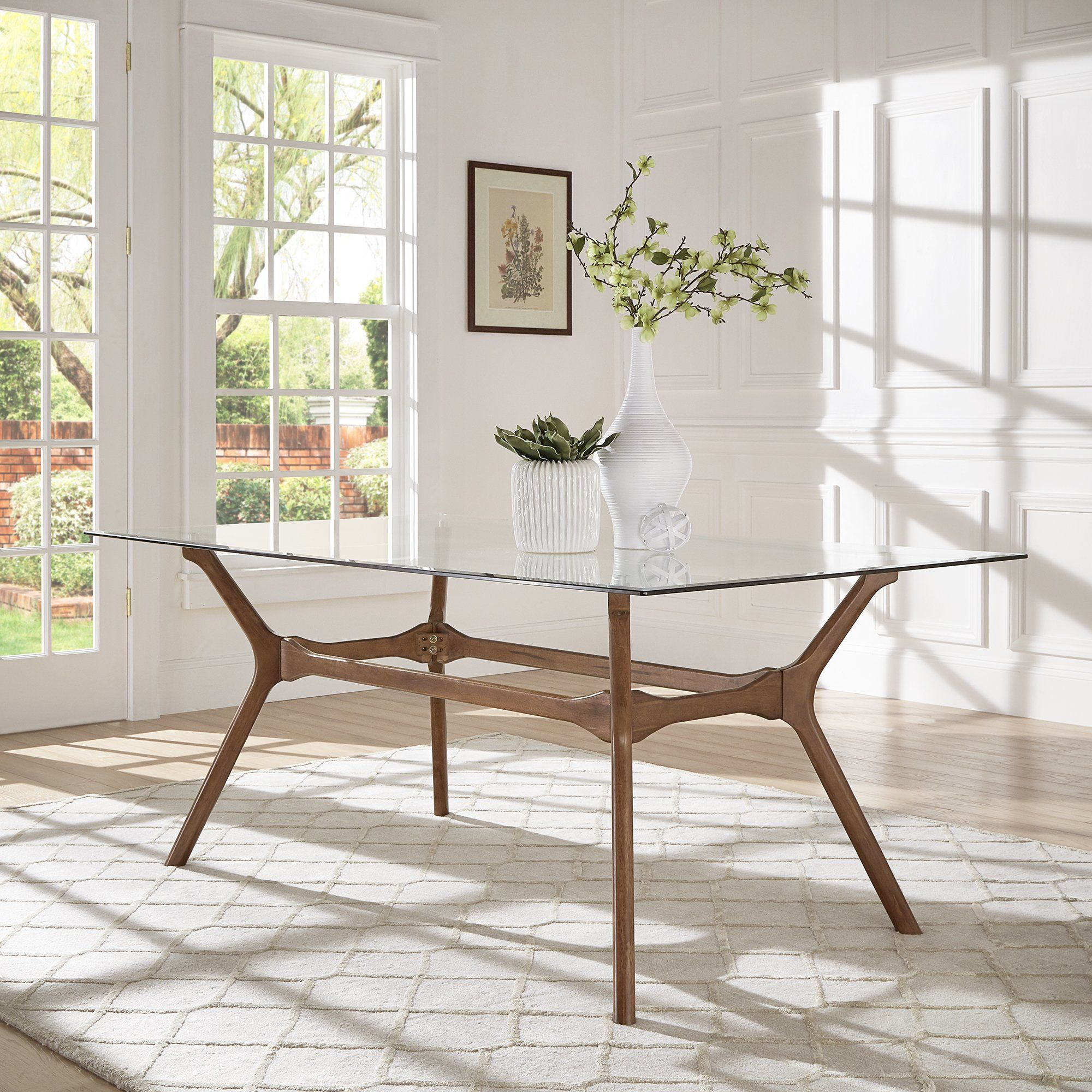 Mid-Century Walnut Finish Rectangular Dining Table - Glass Top | Glass ... in