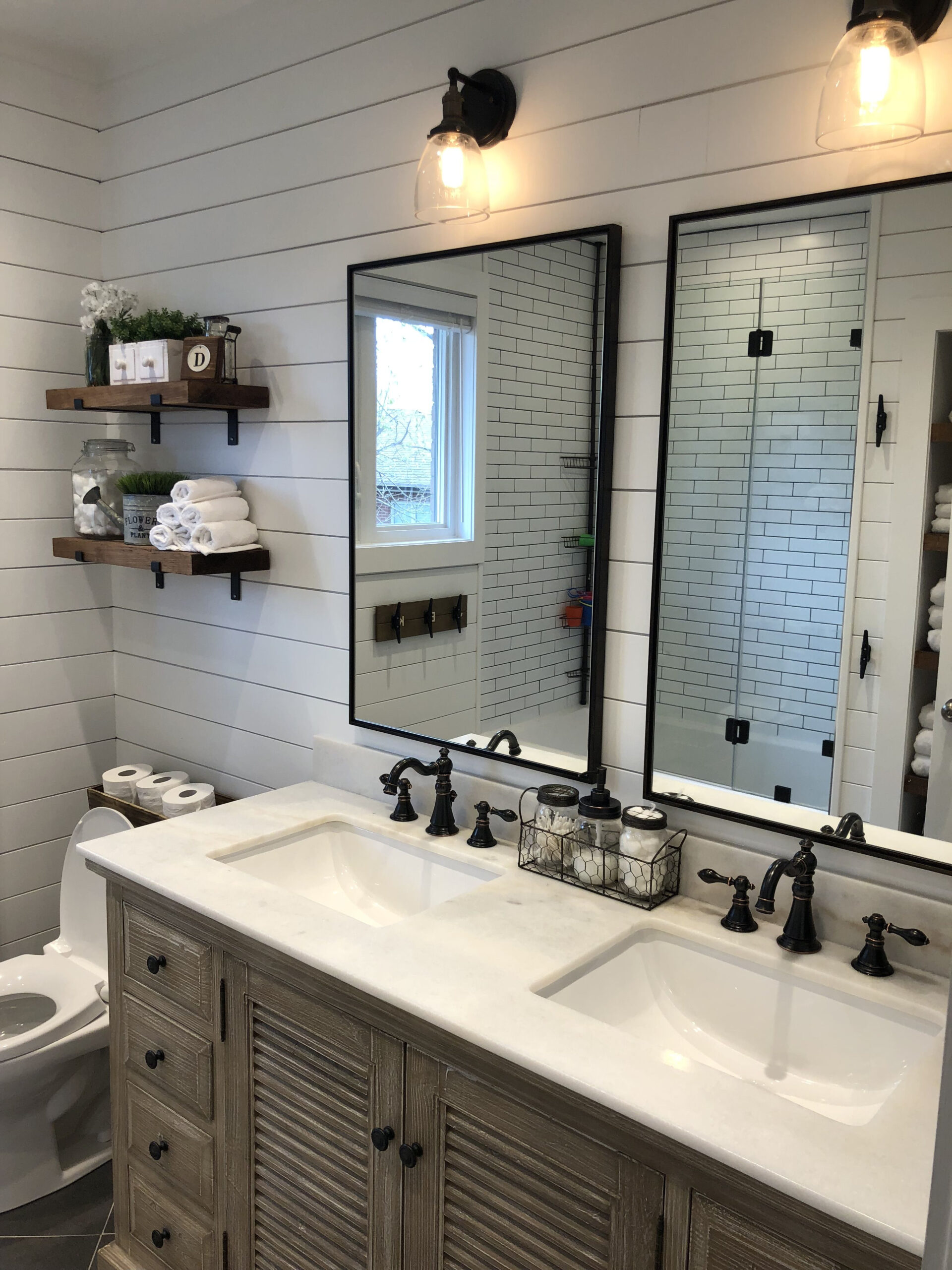 Modern Farmhouse Bathroom With Wood Vanity, Shiplap Walls, Oil Rubbed ... regarding