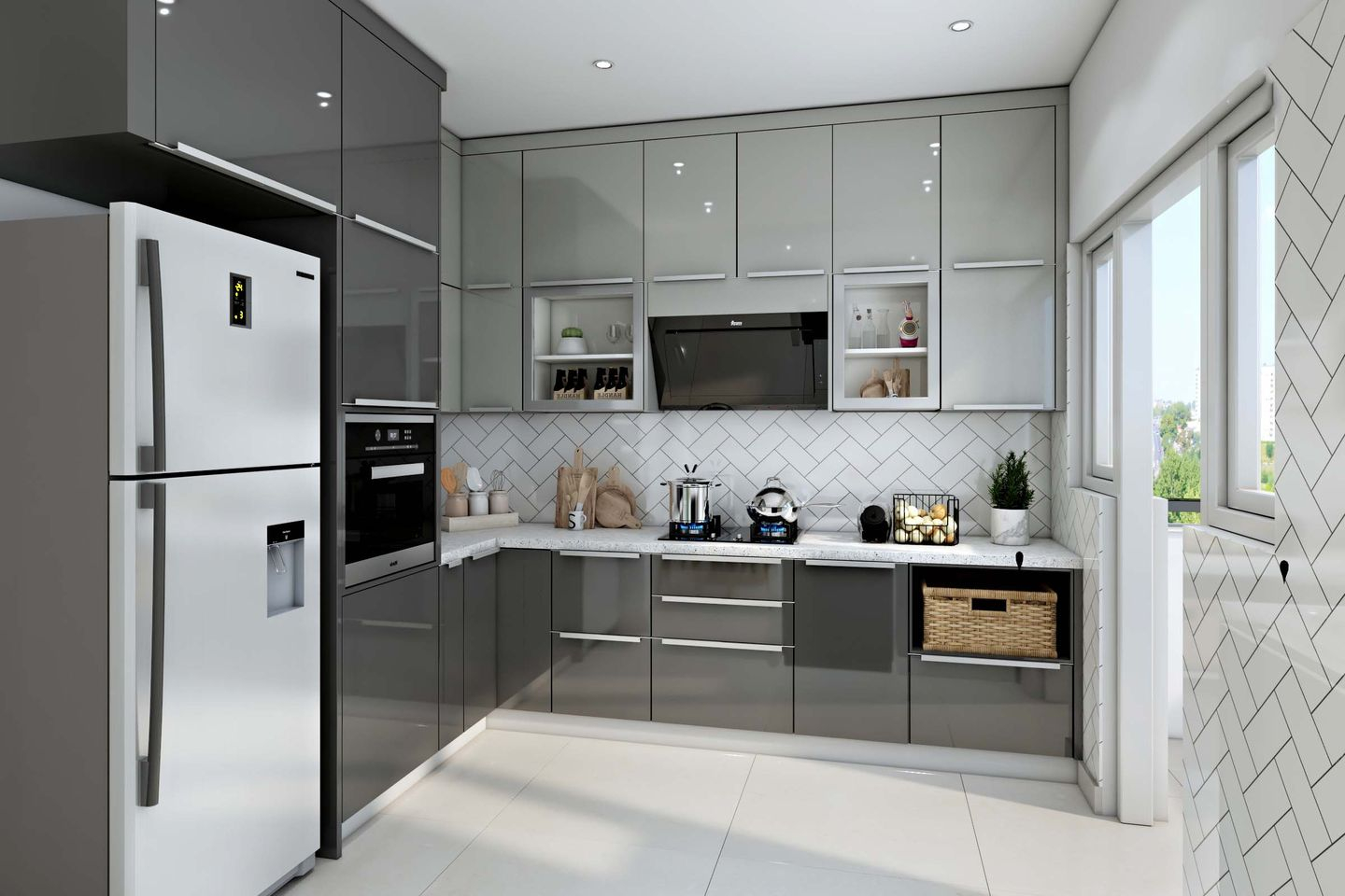 Modern L-Shaped Dual Toned Kitchen Design | Livspace inside