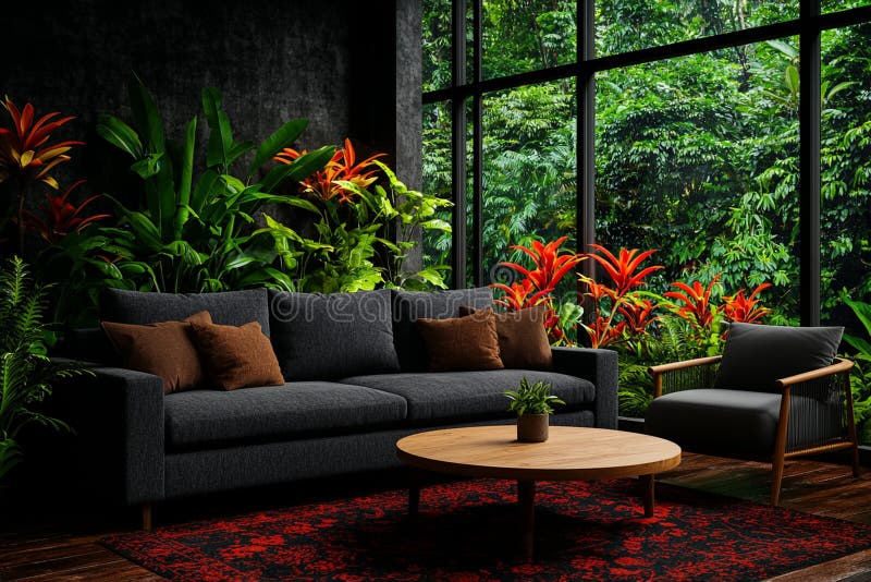 Modern Living Room Featuring Dark Sofa, Vibrant Plants, And Wooden ... in