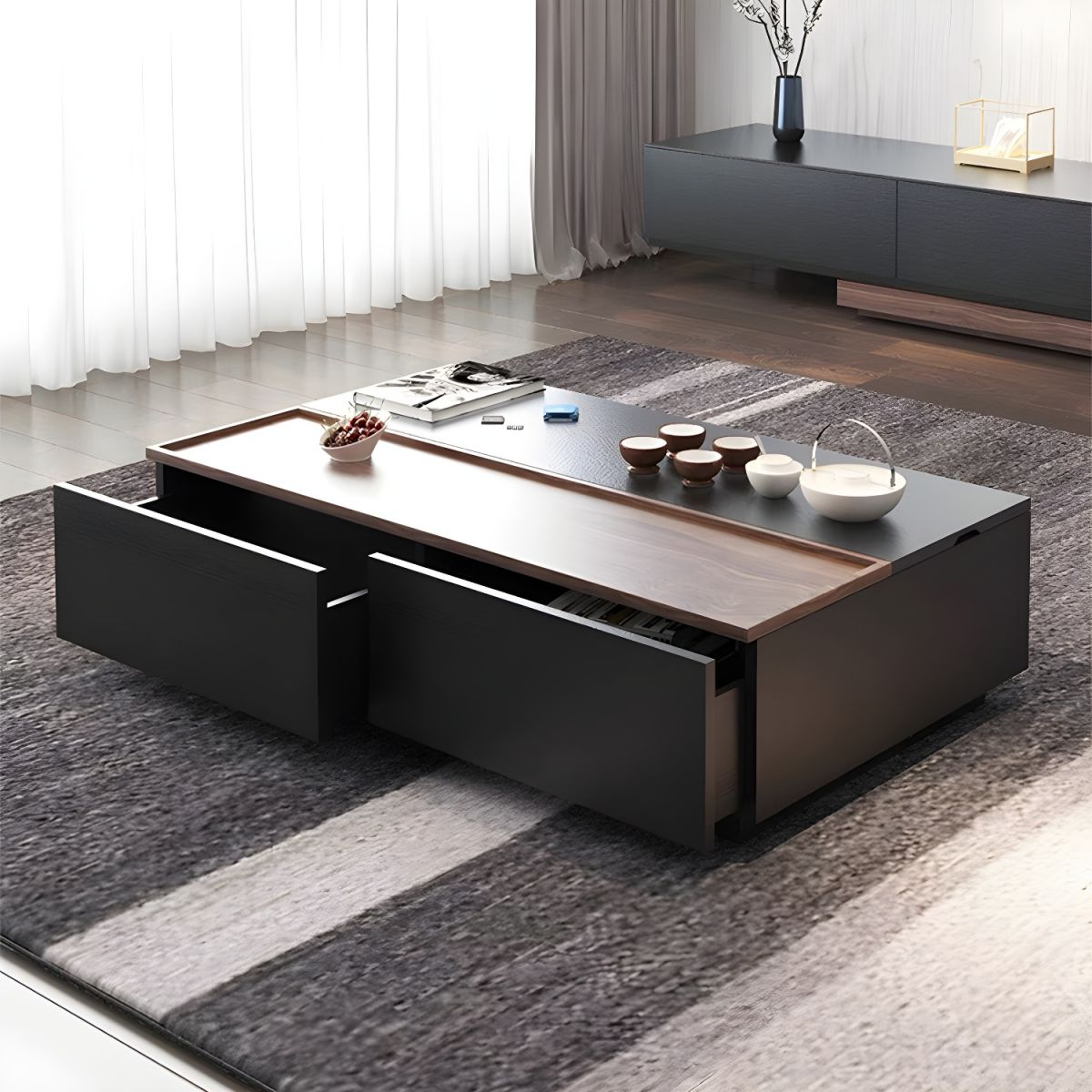 Modern Rectangular Black &amp;Amp; Wood Coffee Table With Storage And Drawer ... pertaining to From Messy to Masterpiece Elevating Your Dark Wood Coffee Table&amp;#039;s Functionality