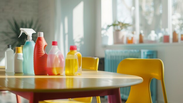 Neatly Organized Cleaning Products On Dining Table | Premium Ai ... pertaining to