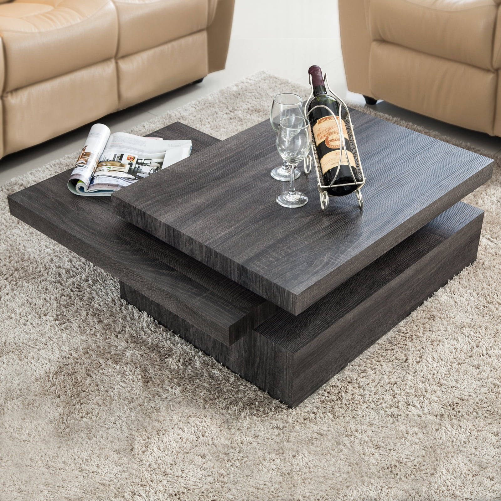 Oak Square Rotating Wood Coffee Table With 3 Layers Home Living Room ... throughout From Forest to Living Room The Journey of a Living Wood Coffee Table