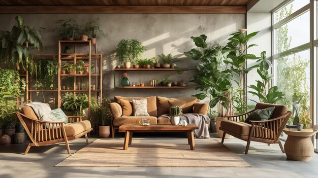 Premium Photo | Natures Embrace Biophilic Living Room With Natural ... in