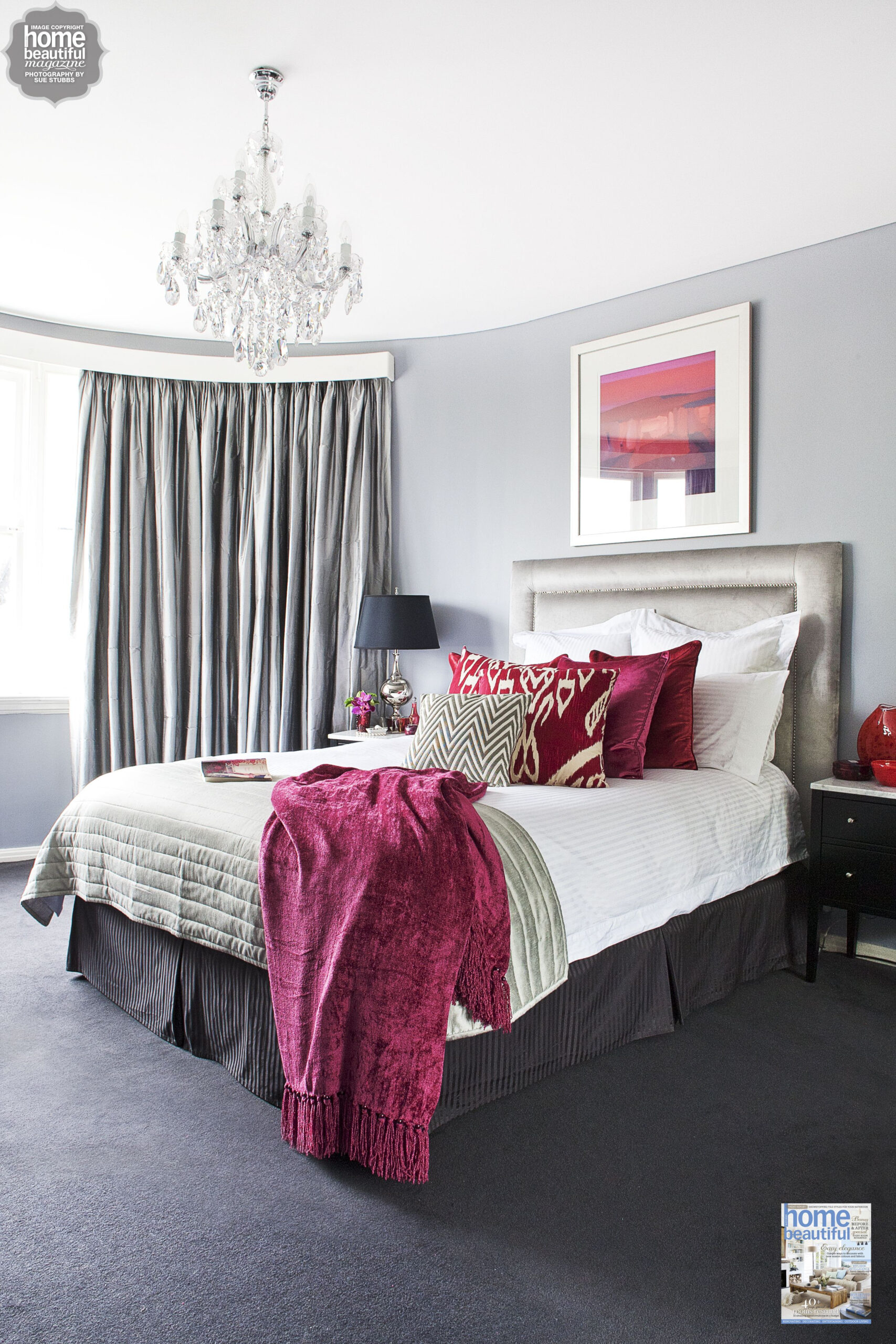 Rich Burgundy Touches Add Glamour To This Sydney Bedroom | Grey Bedroom ... throughout