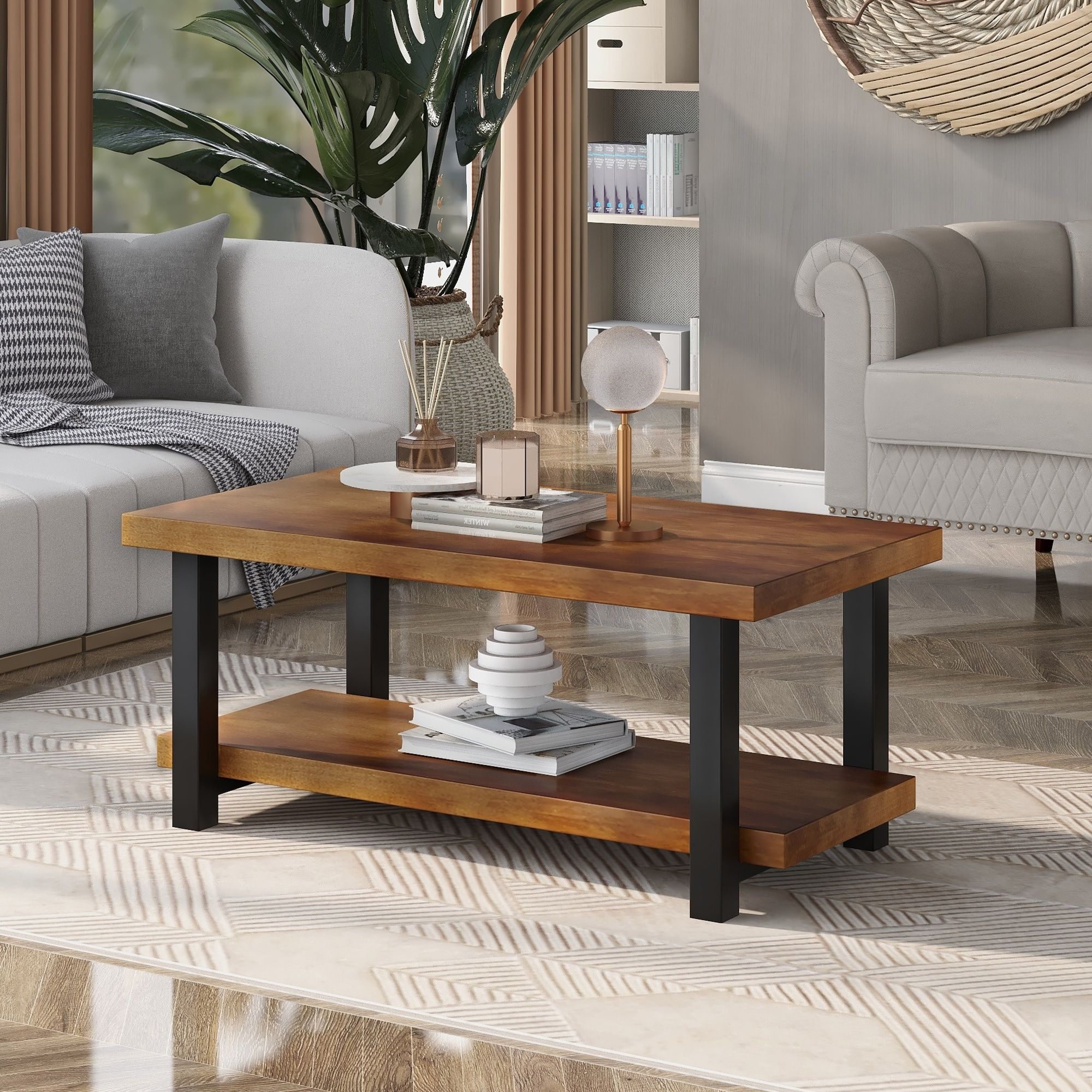 Rustic Natural Rectangle Solid Wood Coffee Table With Metal Support ... pertaining to Your Guide to Selecting a Beautiful and Functional Solid Wood Coffee Table with Shelf