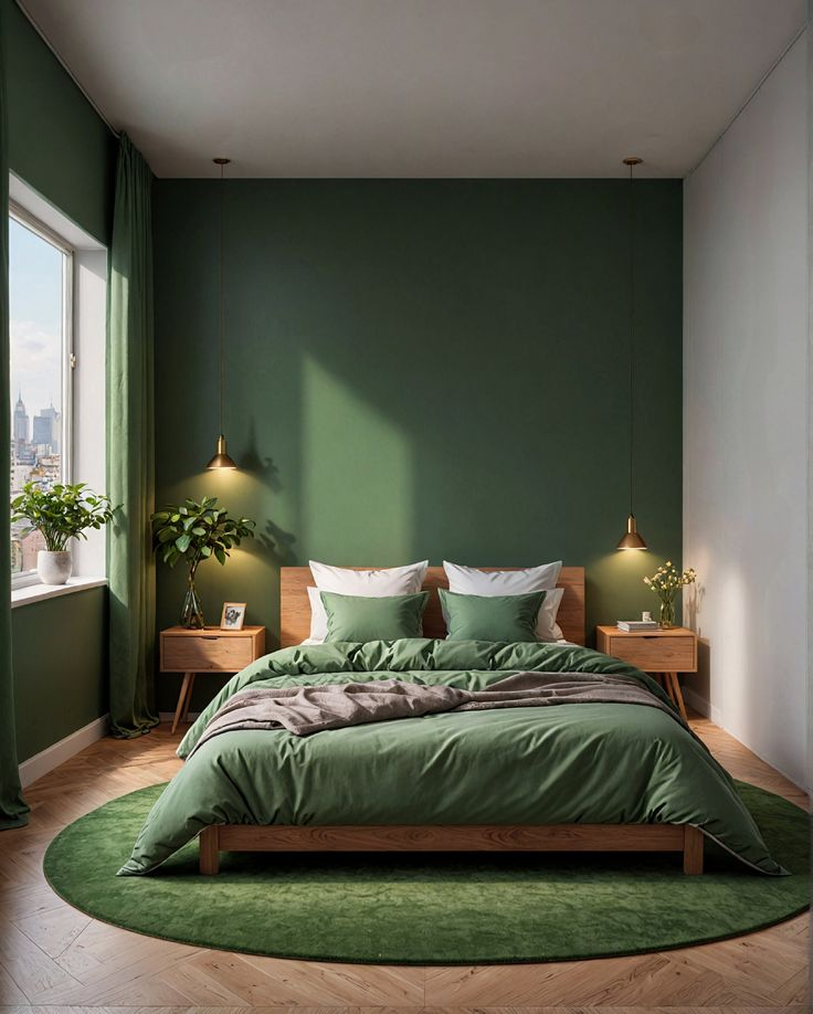 Serene Green Bedroom With Round Rug Elegance En 2025 | Chambre with Discover Serene Green Bedroom Ideas for a Tranquil Retreat