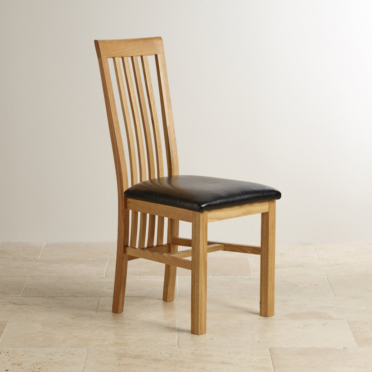 Slat Back Natural Solid Oak Dining Chair - Black Leather within