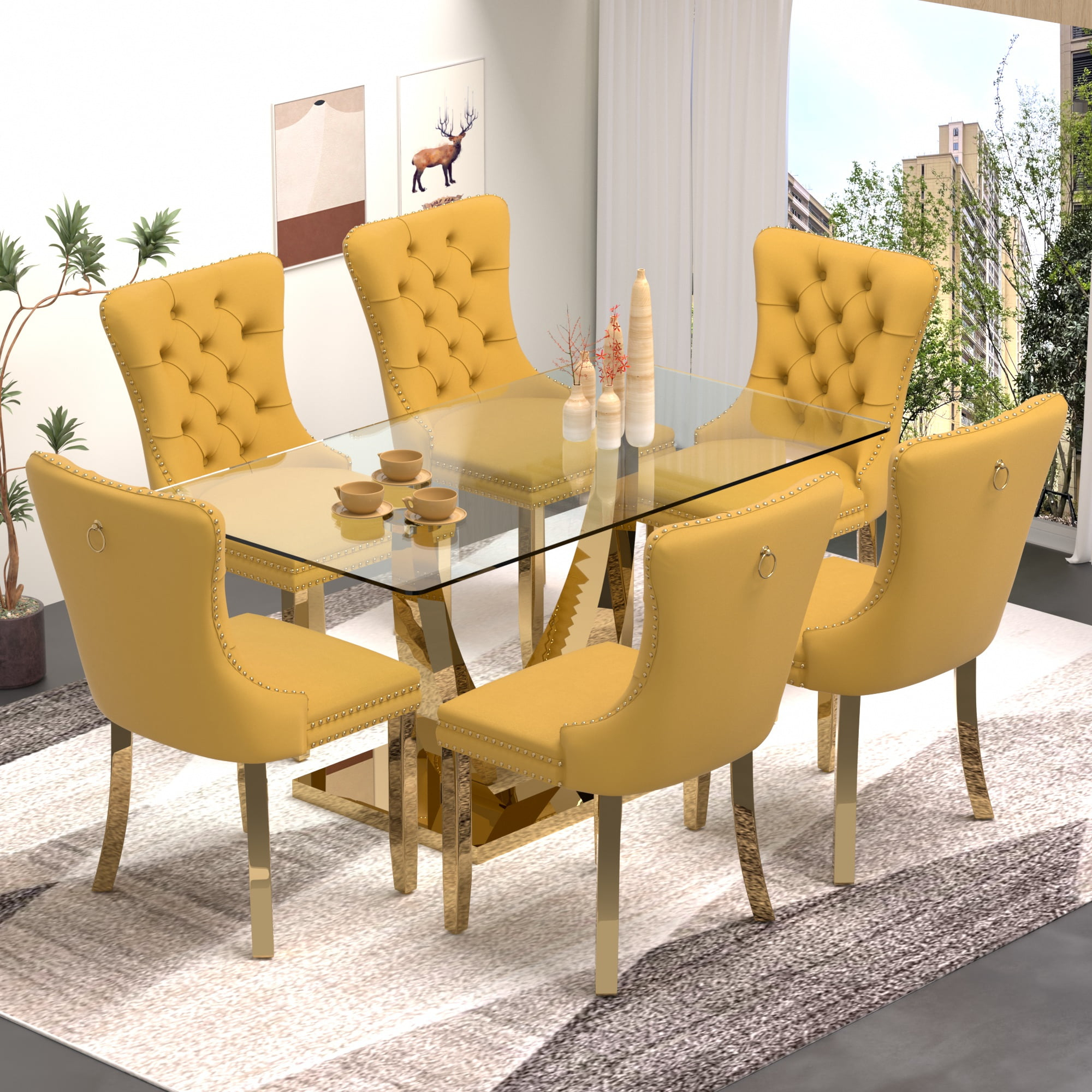 Sumdeal 63&quot; Glass Dining Table Set For 6,Gold Dining Room Table Set For ... intended for Finding the Perfect Gold Dining Room Table for Your Home