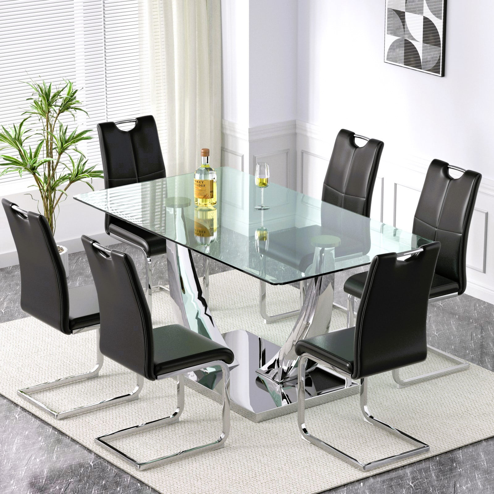 Sumdeal 63&quot; Glass Dining Table Set For 6,Silver Dining Room Table Set ... in Caring for Your Silver Dining Room Table to Preserve Its Luster