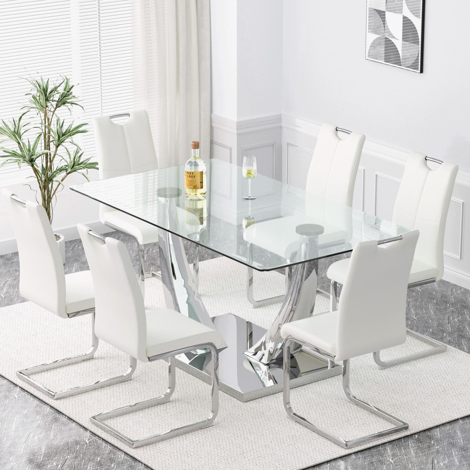 Sumdeal 63&quot; Glass Dining Table Set For 6,Silver Dining Room Table Set ... with Caring for Your Silver Dining Room Table to Preserve Its Luster