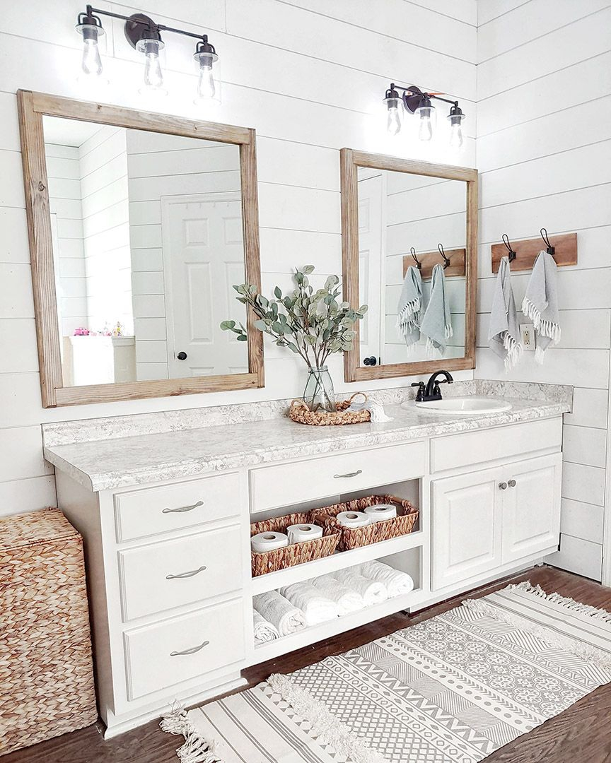 This Gorgeous Master Bath Room Makeover Features Our Prime Coat Nickel ... throughout From Drab to Dreamy Shiplap Bathroom Makeover Secrets