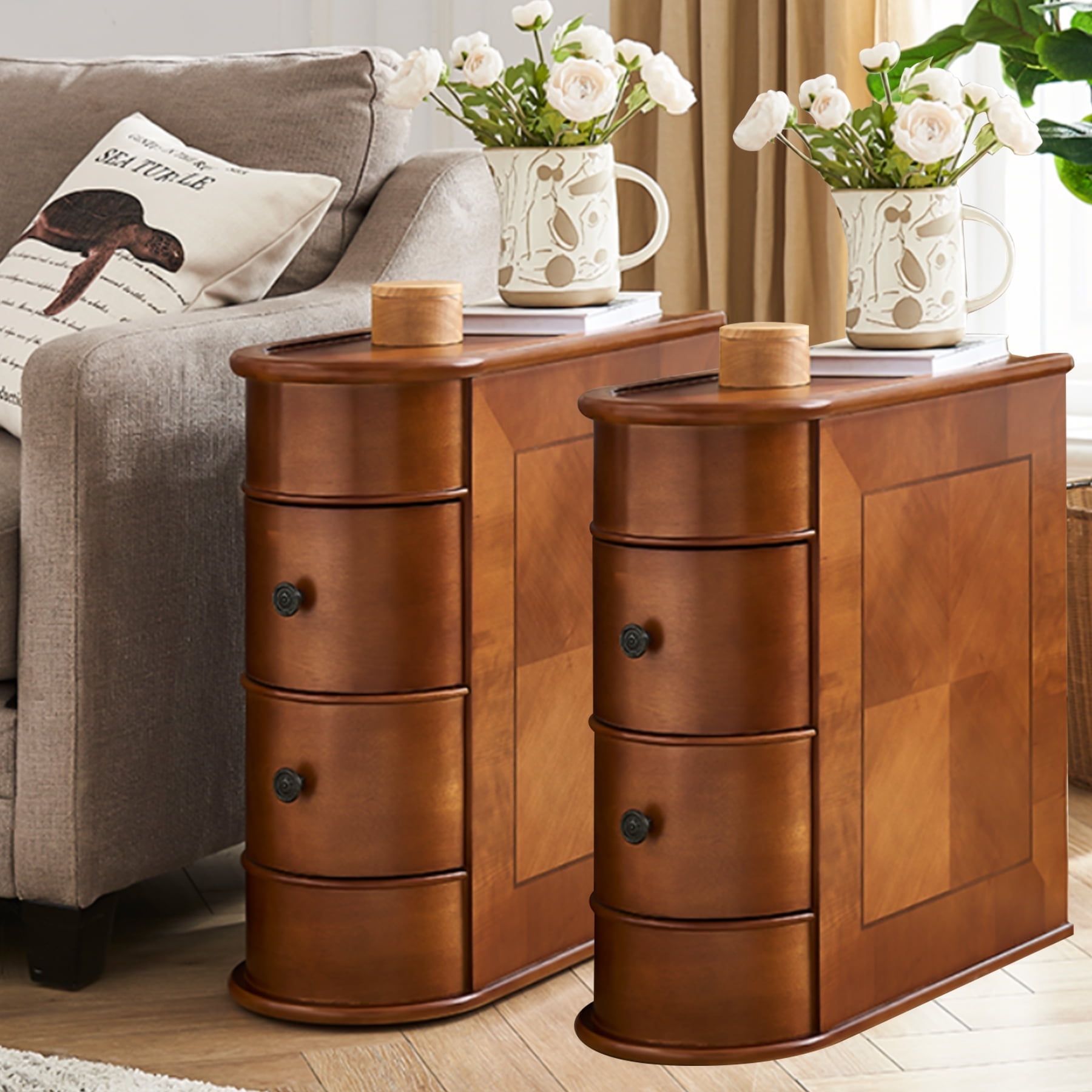 Tribesigns Solid Wood End Table Set Of 2, Two-Drawer Narrow Side Table ... for Wood Living Room Side Table