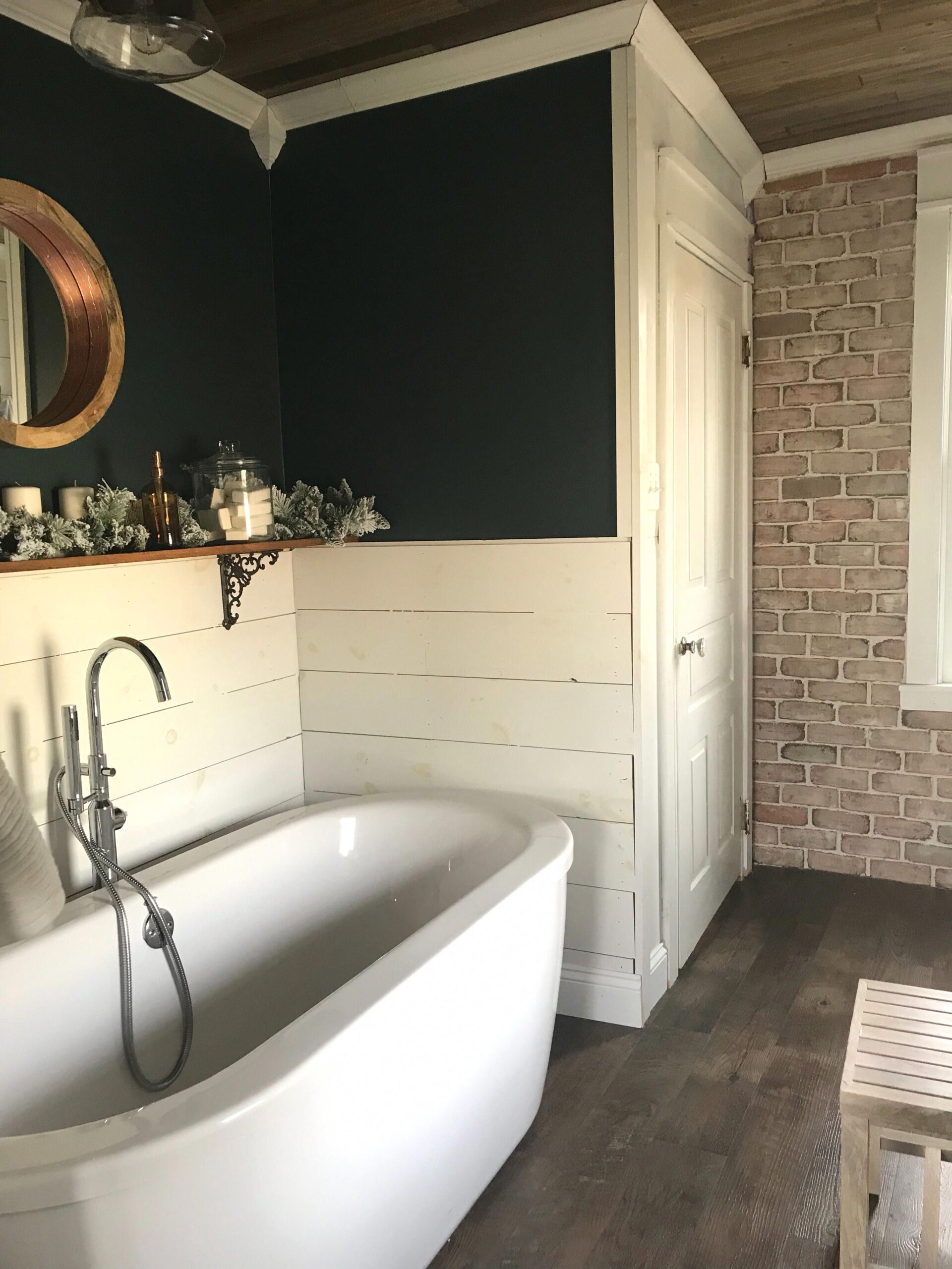 Vintage Inspired Farmhouse Bathroom Shiplap Dark Green And Brick Wall # ... in From Drab to Dreamy Shiplap Bathroom Makeover Secrets