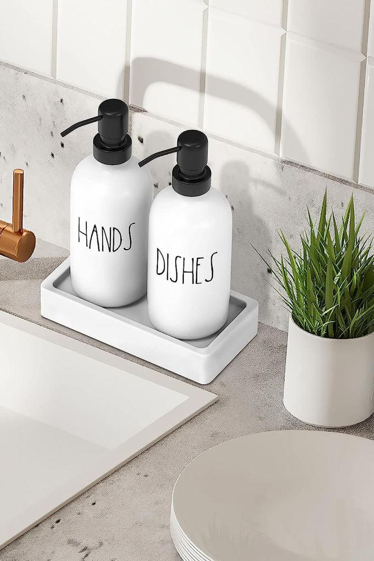 White Glass Kitchen Soap Dispenser Set With Tray By Brighter Barns ... inside