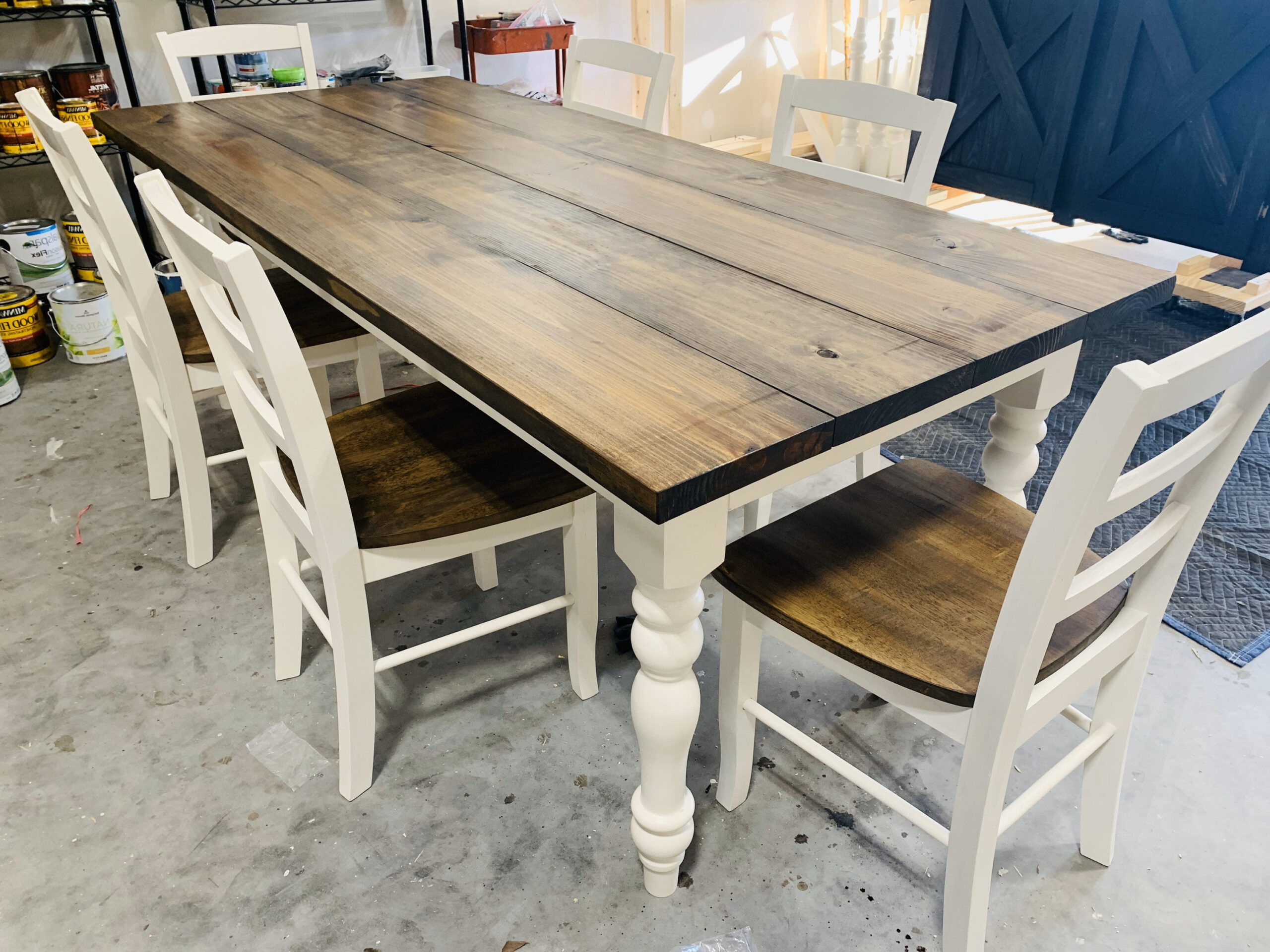 7Ft Rustic Farmhouse Table With Chairs And Turned Legs, Dark Walnut Top ... with Old Wood Dining Room Table