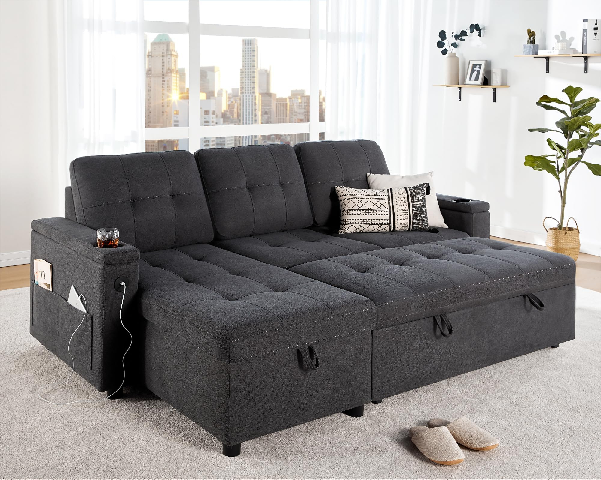 Amazon.com: Vanacc Sofa Bed, Sleeper Sofa With Storage Chaise- 2 In 1 ... in Compact Sleeper Sofa With Storage
