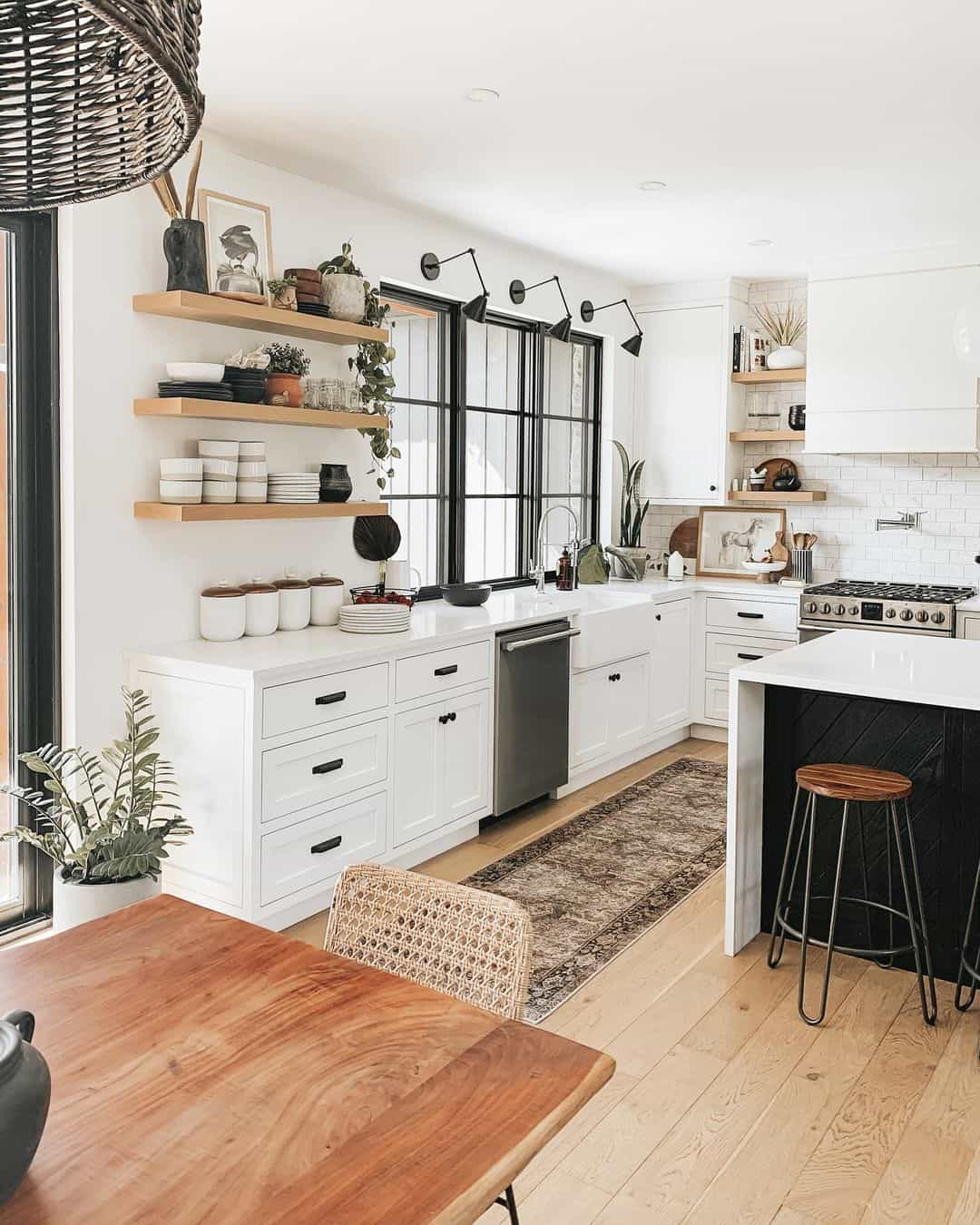 Modern White Kitchen With Open Wooden Shelves - Soul &amp;amp; Lane within Balancing aesthetics and practicality in modern kitchen open shelf configurations