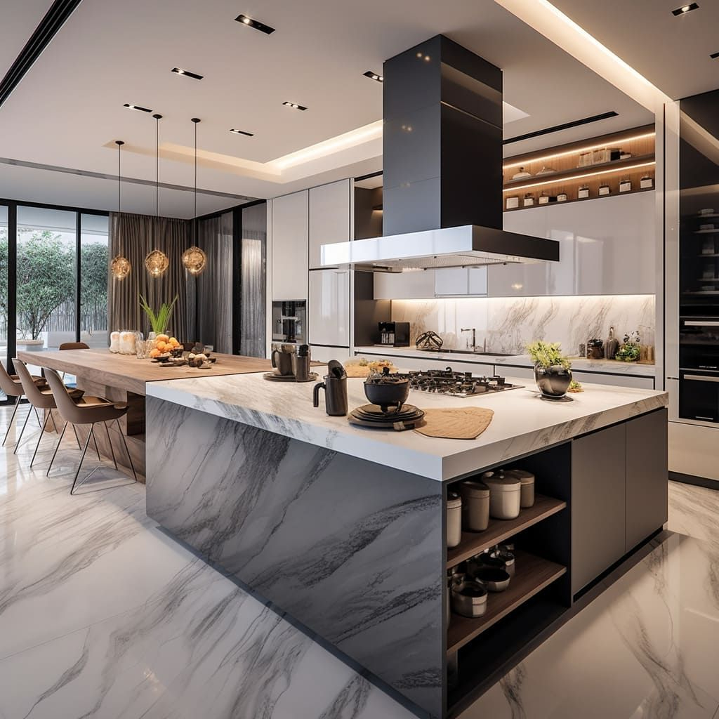 This Modern Kitchen’s Island, Topped With White Marble, Adds Elegance ... intended for Modern Kitchen Island Decor